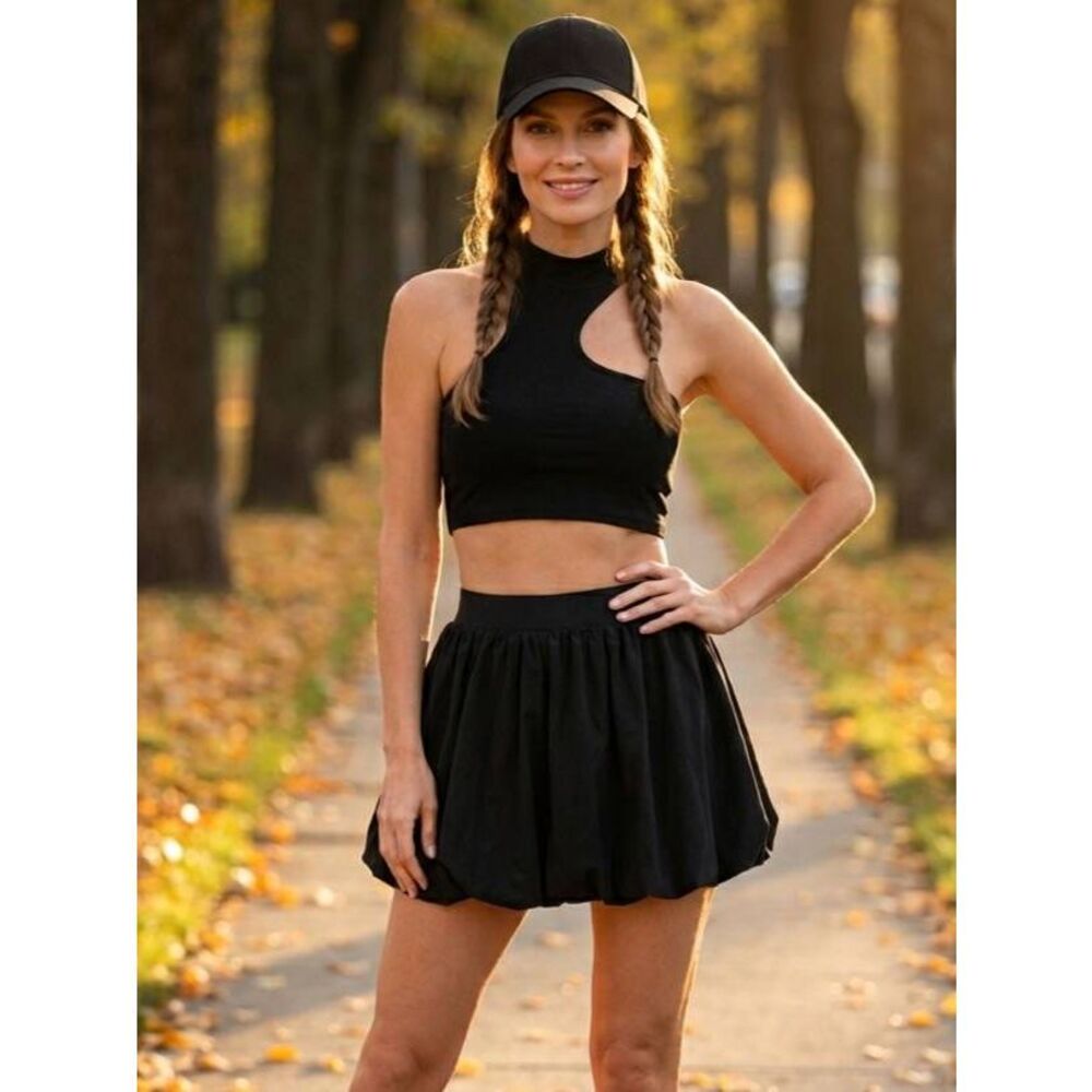 💬🩵NWT Black Crop Sleeveless Top & Bubble Skort Set Medium